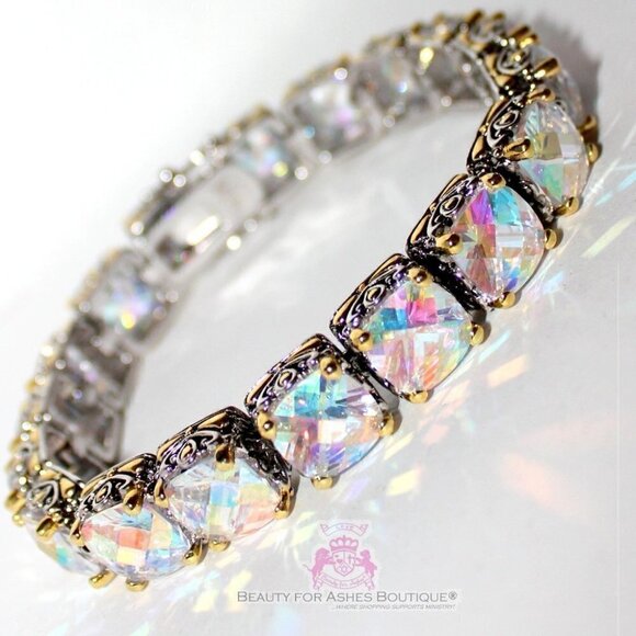 Two Tone AB Pastel Rainbow Aurora Borealis CZ Chunky Tennis Throne Room Bracelet - Picture 1 of 5